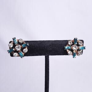 Vintage Stud Earrings Blue Navette Clear Round Rhinestones On Gold Tone Metal